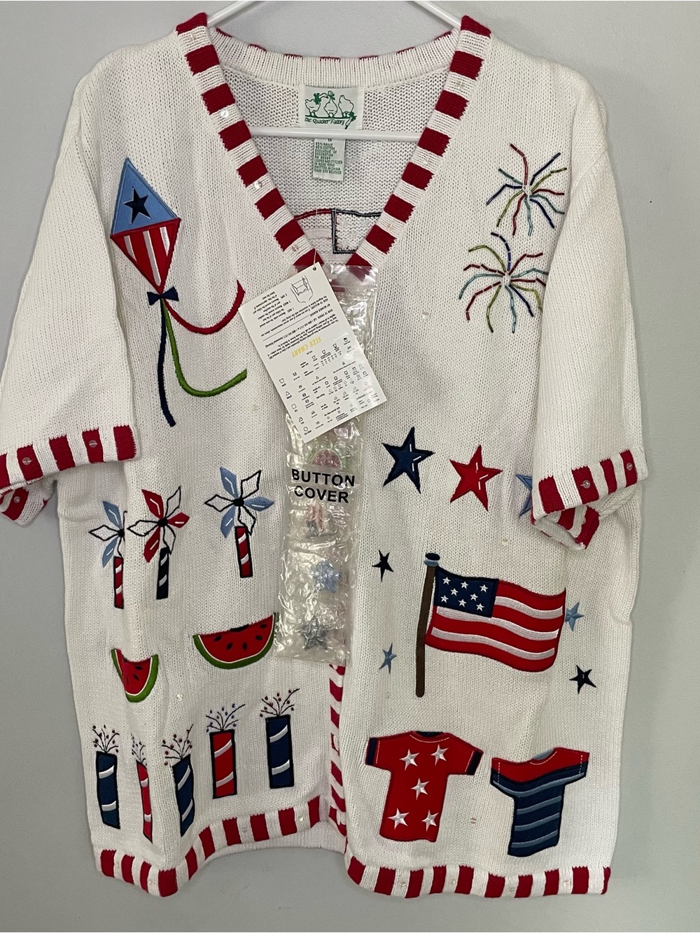 Patriotic Holiday Knit Sweater Tee with Flag & Fireworks Short Sleeve Button NWT